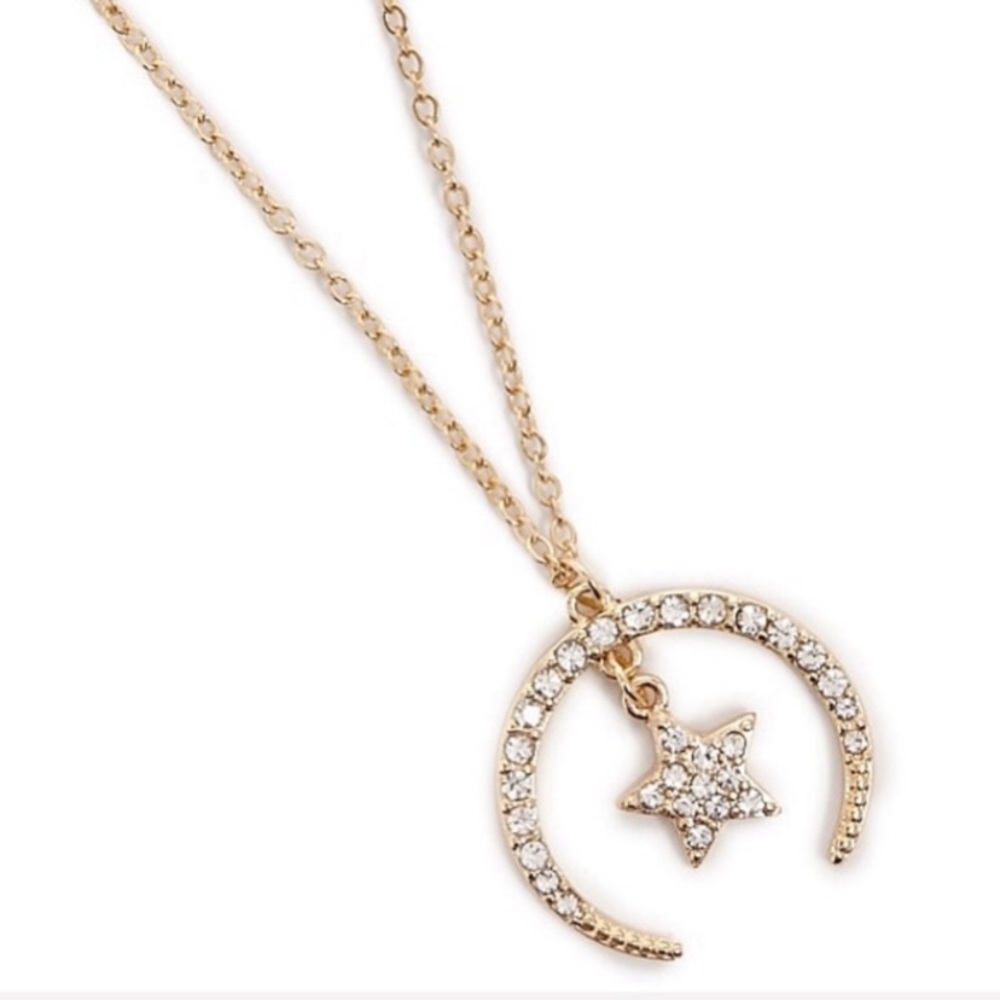 Crescent Moon Star Rhinestone Pendant Necklace